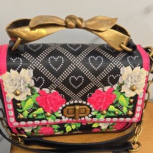 Betsey Johnson Black & Pink Shoulder Bag with Floral Accents(Metalic Bow Handle)